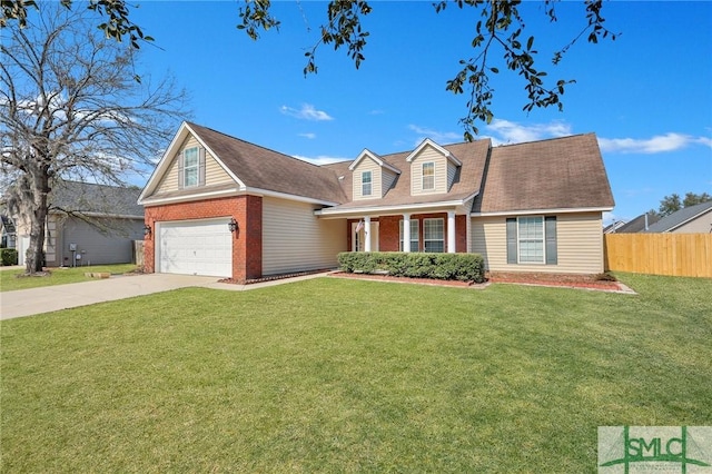 view of front facade featuring brick siding, an attached garage, a front yard, fence, and driveway