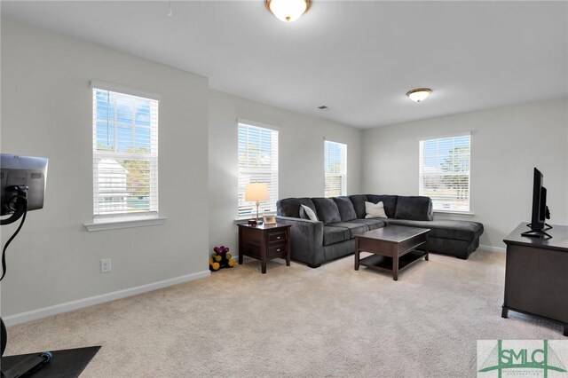 living area featuring baseboards and light colored carpet