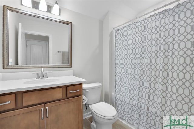 full bathroom featuring curtained shower, vanity, and toilet