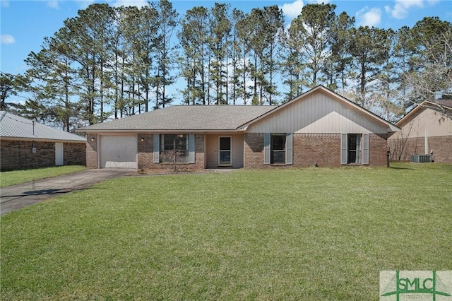 single story home featuring brick siding, an attached garage, central AC, driveway, and a front lawn