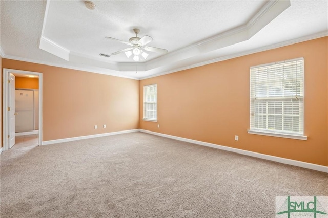 carpeted empty room with a textured ceiling, ornamental molding, and a raised ceiling