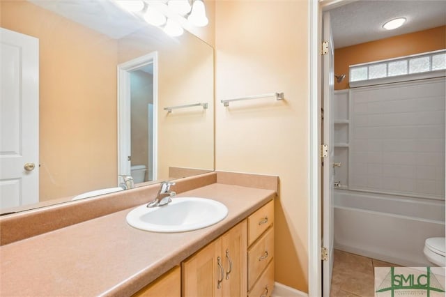 full bathroom featuring shower / bathing tub combination, vanity, toilet, and tile patterned floors