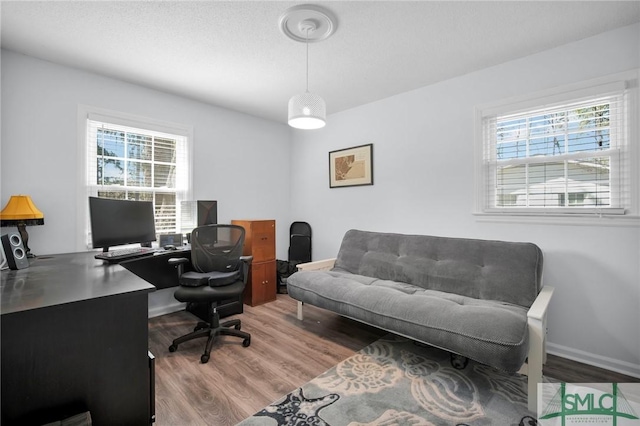 office area with a wealth of natural light, baseboards, and light wood finished floors