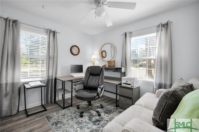 home office featuring ceiling fan, wood finished floors, and baseboards