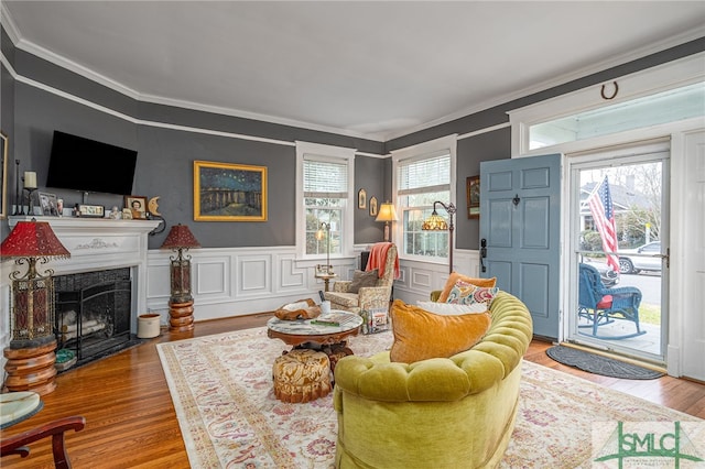 living room with a fireplace with flush hearth, wainscoting, a healthy amount of sunlight, and crown molding