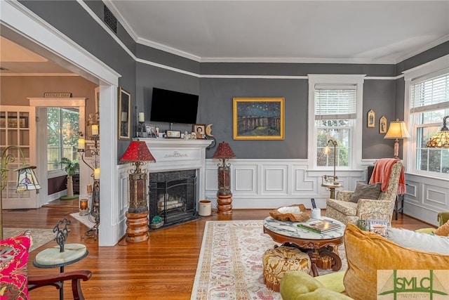 living area featuring ornamental molding, a wainscoted wall, a fireplace, and wood finished floors