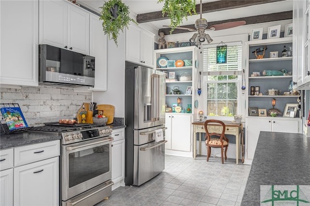 202 E 49th St, Savannah, GA 31405 - kitchen with appliances with stainless steel finishes, open shelves, a ceiling fan, dark countertops, and beam ceiling