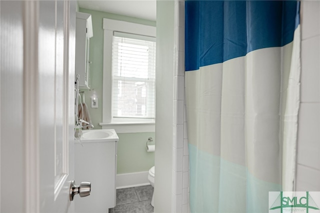 full bathroom with toilet, tile patterned floors, a shower with curtain, and vanity