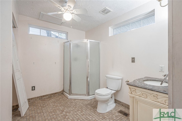 full bath with toilet, a stall shower, visible vents, and vanity