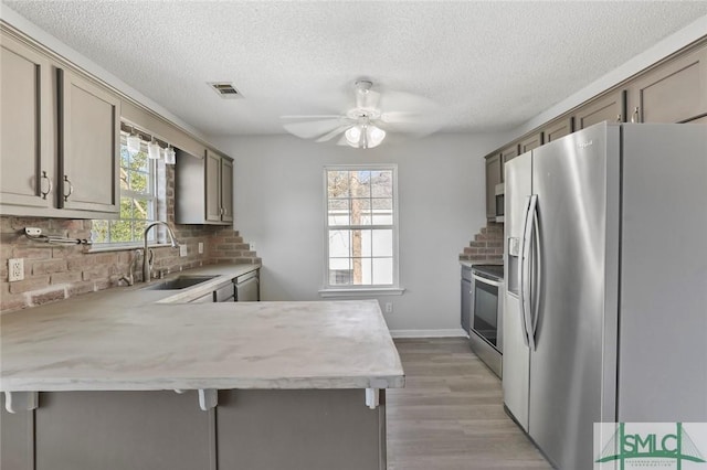 kitchen featuring visible vents, decorative backsplash, appliances with stainless steel finishes, a peninsula, and a sink