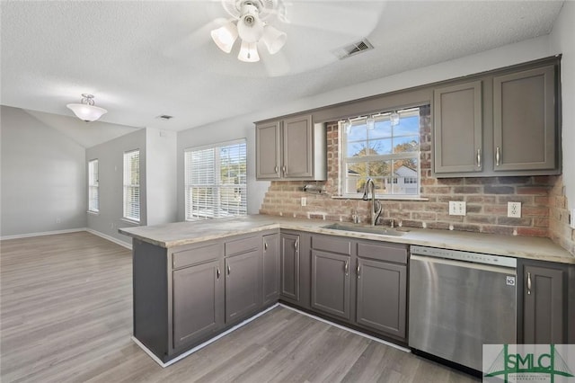 kitchen with a peninsula, a sink, visible vents, stainless steel dishwasher, and gray cabinets