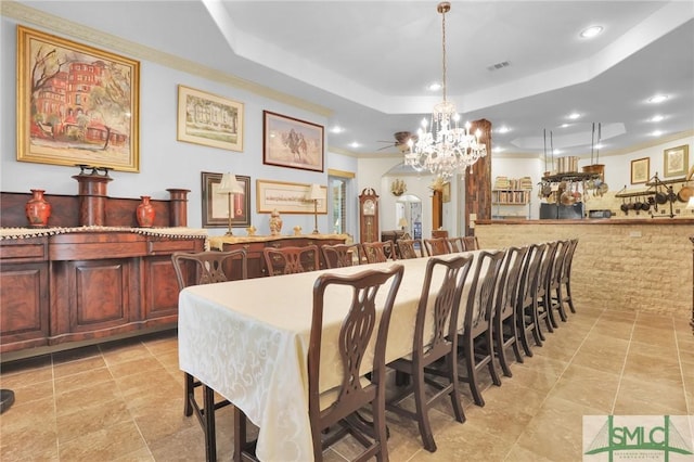 dining room with arched walkways, a notable chandelier, recessed lighting, a raised ceiling, and visible vents