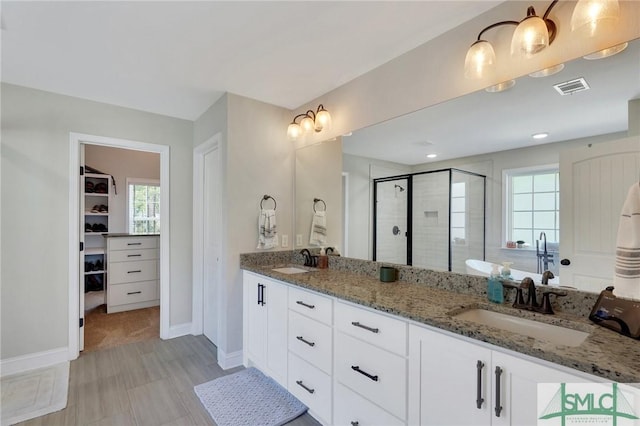 bathroom with visible vents, a sink, a shower stall, and a spacious closet