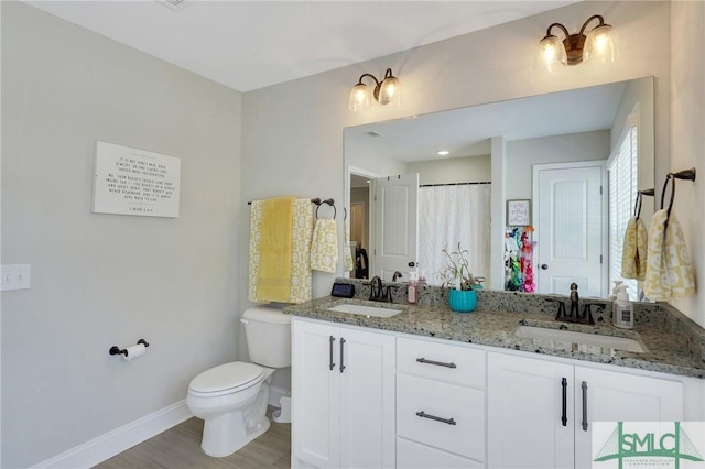 full bathroom with toilet, double vanity, baseboards, and a sink