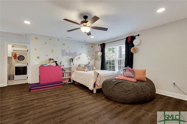 bedroom featuring washer / dryer, baseboards, a ceiling fan, wood finished floors, and recessed lighting