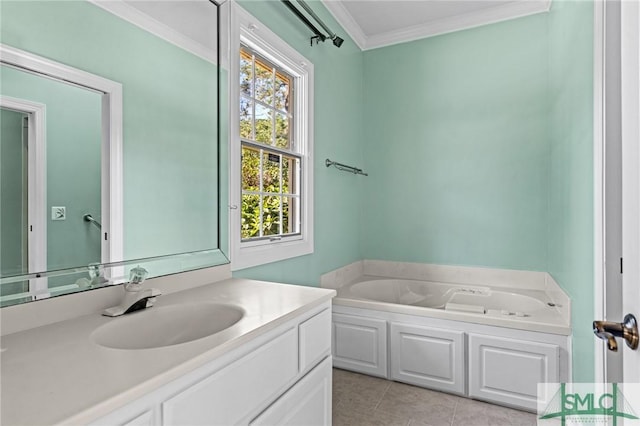 full bath with ornamental molding, vanity, a bath, and tile patterned floors