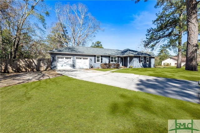 single story home featuring concrete driveway, an attached garage, fence, and a front yard