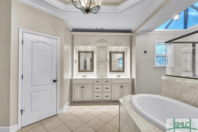 bathroom featuring double vanity, a shower with shower door, crown molding, and a bath