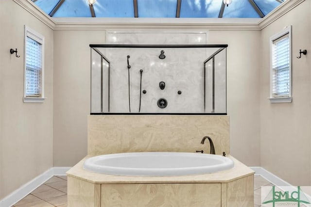 full bathroom featuring a walk in shower, baseboards, a bath, and tile patterned floors