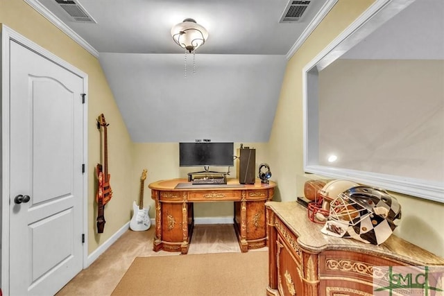 home office with light carpet, visible vents, vaulted ceiling, and ornamental molding