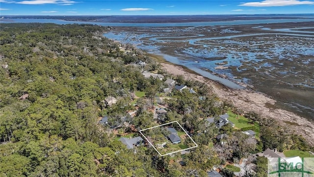 aerial view featuring a water view and a view of trees