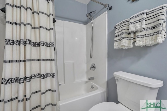 bathroom with toilet and shower / bathtub combination with curtain