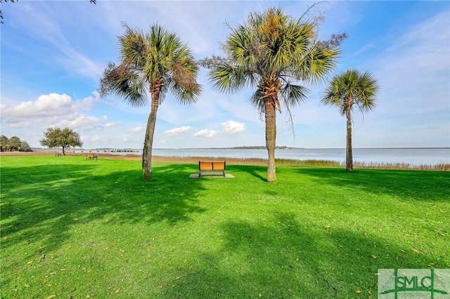 view of community featuring a water view and a yard