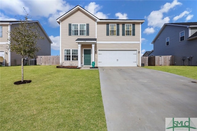 traditional home with a garage, concrete driveway, fence, a front lawn, and central AC