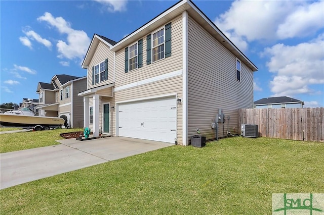 view of side of home featuring a yard, fence, driveway, and central air condition unit