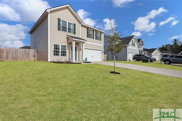 traditional home with a garage, concrete driveway, a front lawn, and fence