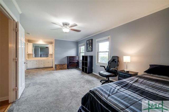 bedroom with baseboards, visible vents, light colored carpet, ceiling fan, and ornamental molding