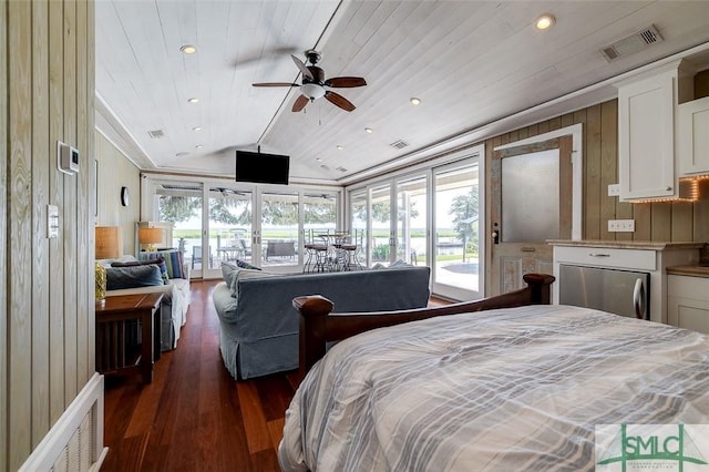 bedroom featuring visible vents, lofted ceiling, dark wood-style floors, wood ceiling, and access to outside