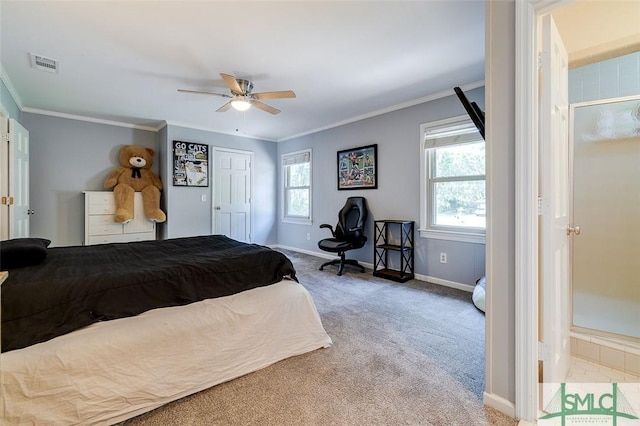 carpeted bedroom with multiple windows, visible vents, and ornamental molding