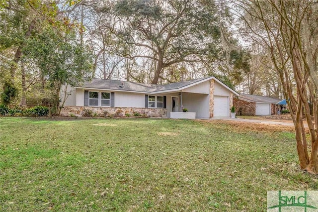 ranch-style home with stone siding, concrete driveway, an attached garage, and a front yard