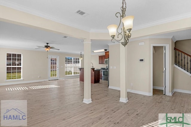 interior space featuring visible vents, ceiling fan, ornamental molding, stairs, and light wood-style floors