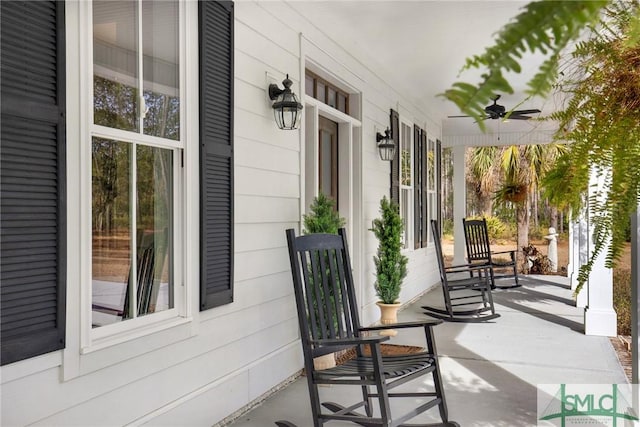 view of patio / terrace featuring a porch and a ceiling fan