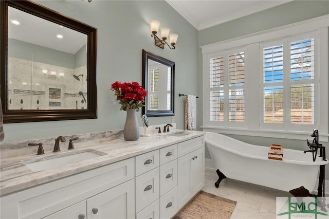 full bathroom with a walk in shower, double vanity, a freestanding tub, and a sink