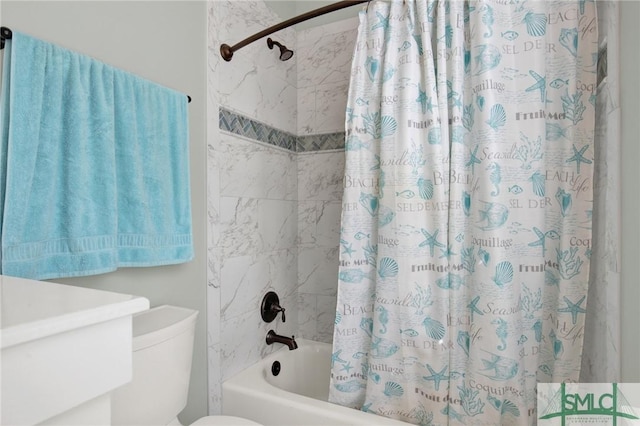 full bathroom with shower / bathtub combination with curtain and toilet