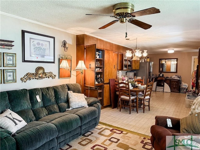 living area featuring ornamental molding, a textured ceiling, and ceiling fan with notable chandelier