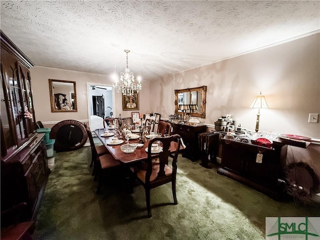 carpeted dining area featuring a textured ceiling, crown molding, and a notable chandelier