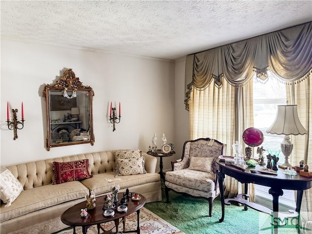living area with a textured ceiling