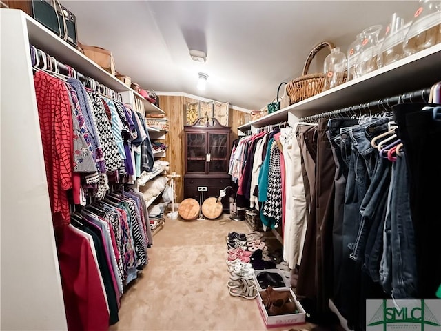 spacious closet featuring lofted ceiling and carpet flooring