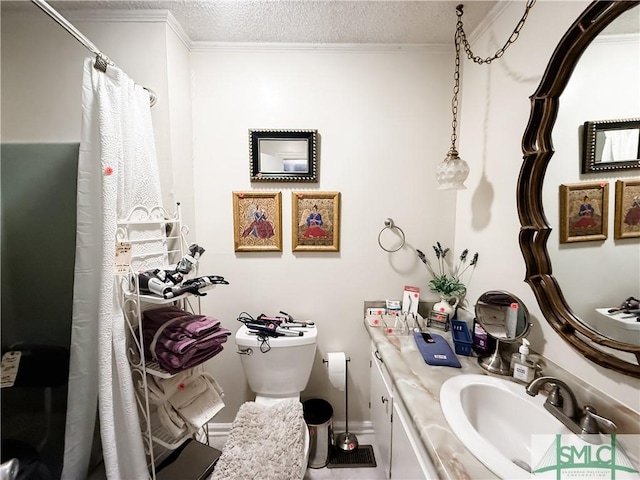 full bathroom with a shower with shower curtain, toilet, ornamental molding, a textured ceiling, and vanity