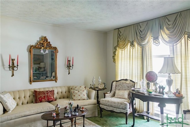 living room featuring plenty of natural light and a textured ceiling