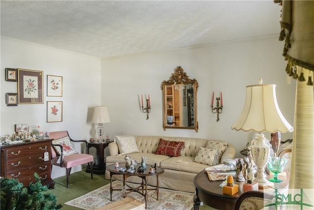carpeted living room featuring ornamental molding and a textured ceiling