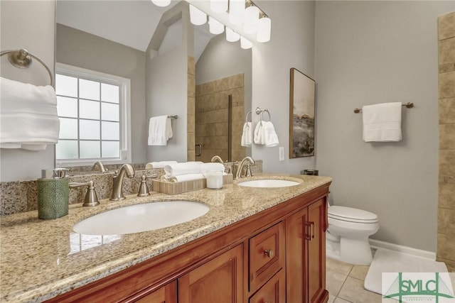 full bathroom featuring tile patterned flooring, a sink, a tile shower, and double vanity