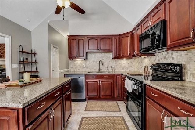 kitchen with reddish brown cabinets, lofted ceiling, a sink, light stone countertops, and black appliances