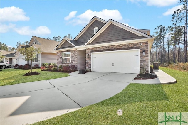 craftsman inspired home featuring concrete driveway, a front lawn, an attached garage, and stone siding