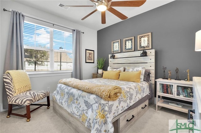 bedroom featuring carpet and ceiling fan