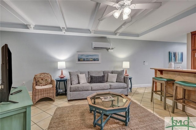 living room featuring ceiling fan, a wall unit AC, light tile patterned flooring, and beam ceiling